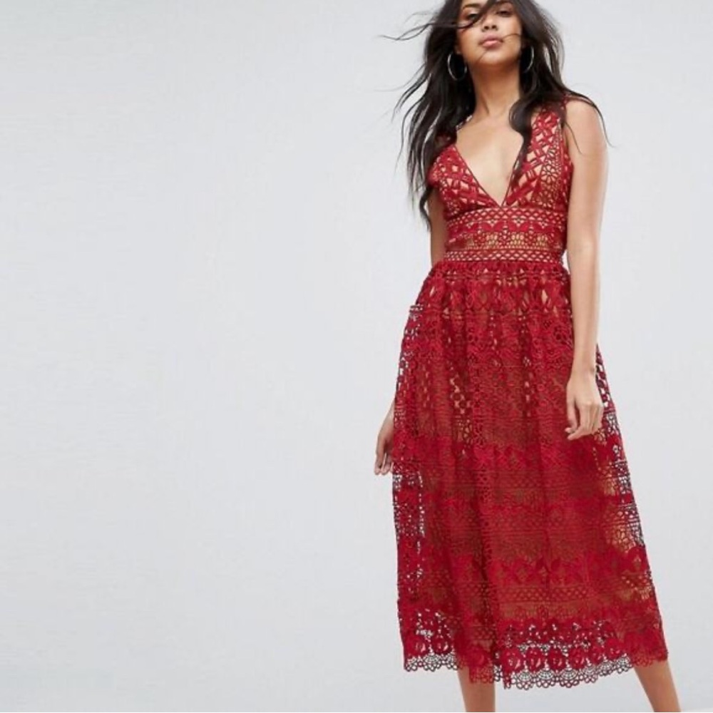 Boohoo Burgundy Lace With Nude Lining Midi Dress Size 6